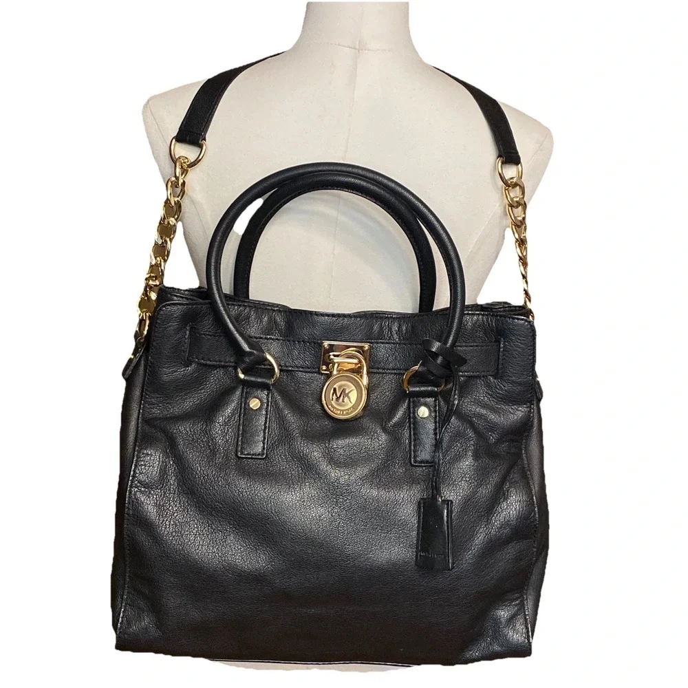 Michael Kors black leather handbag Gold Chain Handle Multi Pockets Dust bag